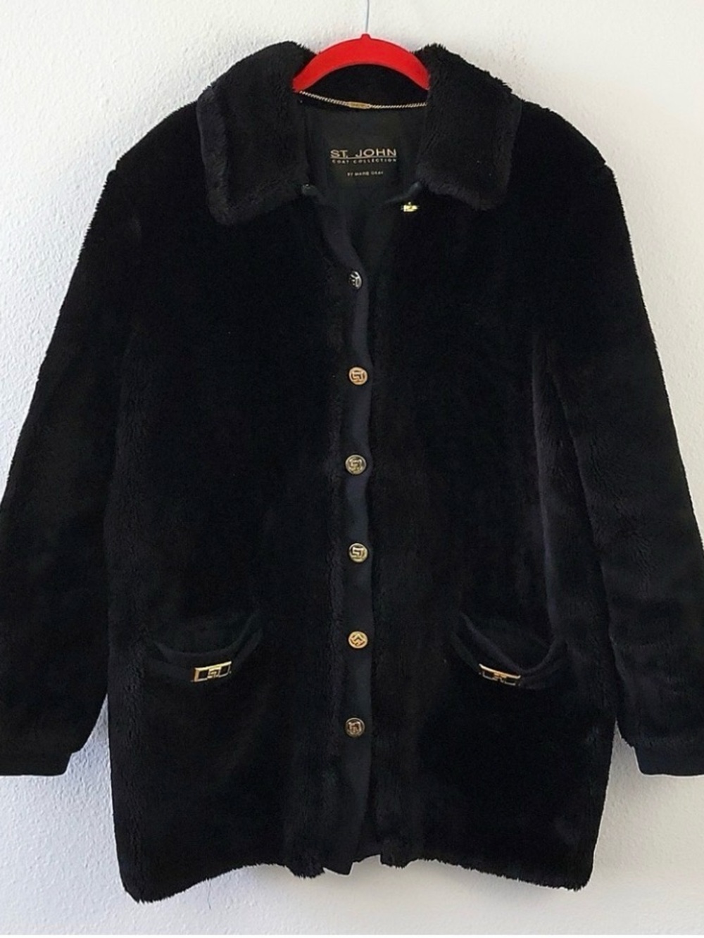 St. John Black Faux-Fur Button-Front Coat